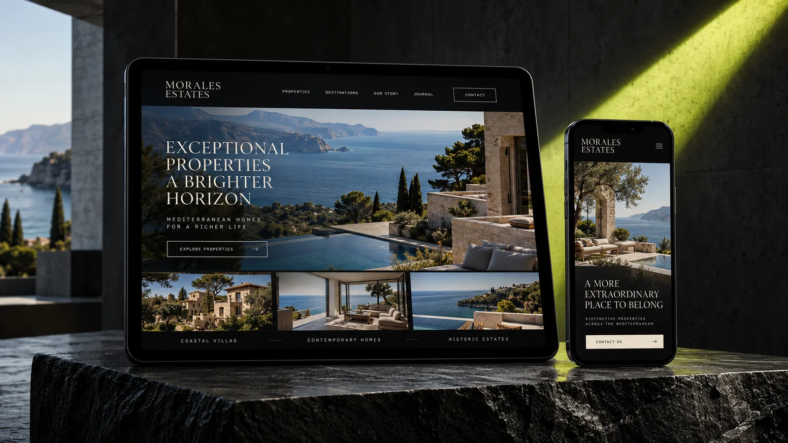 Conceptual Morales Estates property website mockup on tablet and mobile