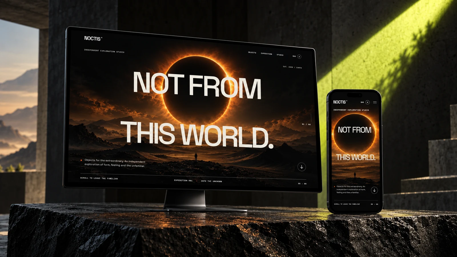 Illustrative NOCTIS cover on desktop and mobile, with an eclipse and monumental typography