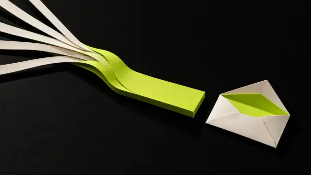 A lime paper path stops before an open envelope, representing a broken contact journey